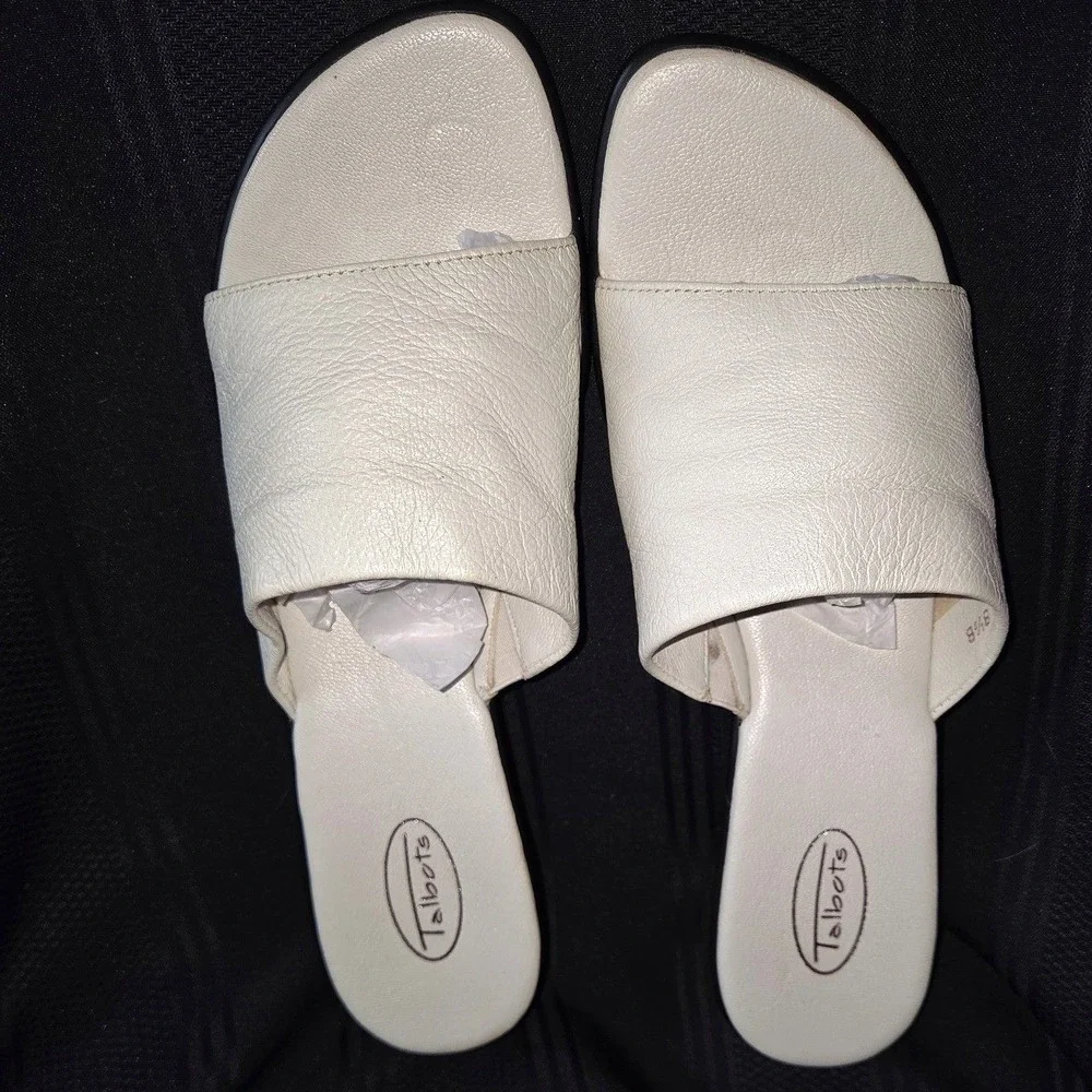 Talbots Wedge Slide‎ Sandals Womens 8.5 Ivory Leather Open Toe Brazil